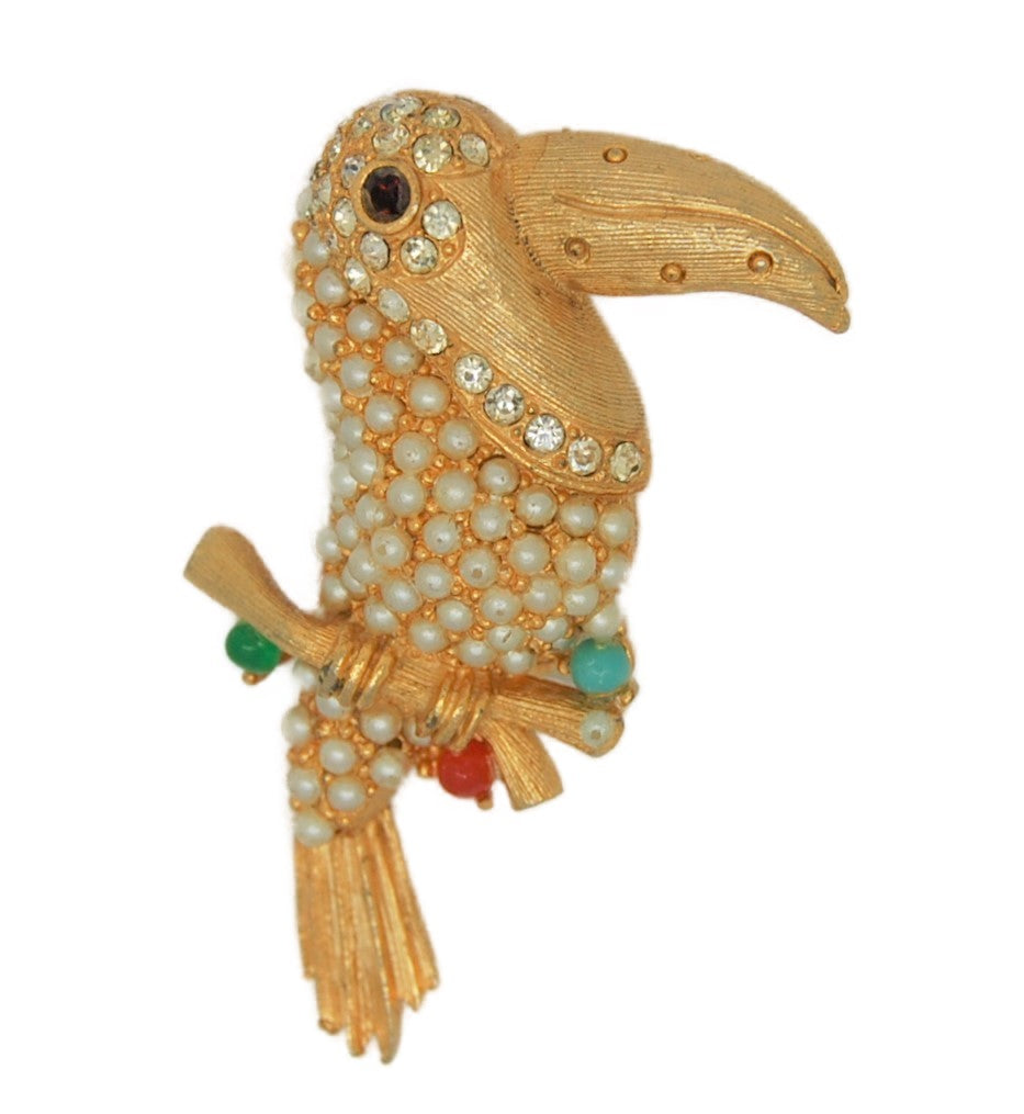 Ciner Pearly Parrot Vintage Costume Figural Pin Brooch