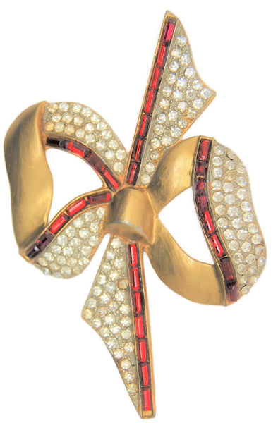 Art Deco Icy Pave & Ruby Red Rhinestone Bow Vintage Figural Pin Brooch