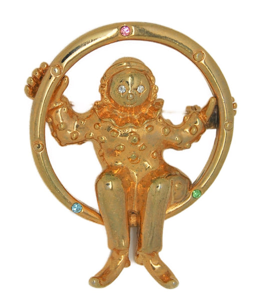 Circus Clown Gold Plate Rhinestone Vintage Figural Pin Brooch