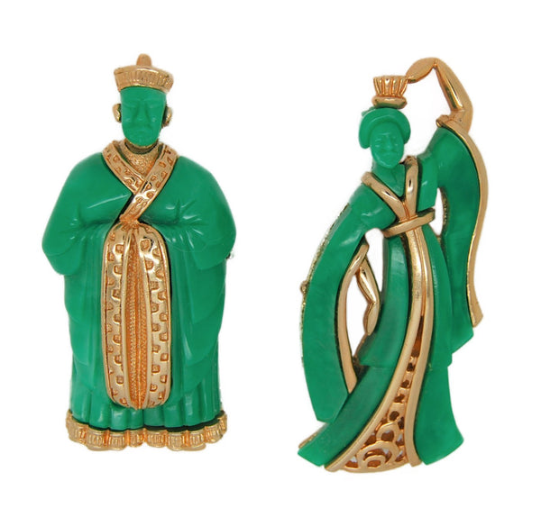 Boucher Emperor & Empress Green Lucite Couple Vintage Figural Brooch Set