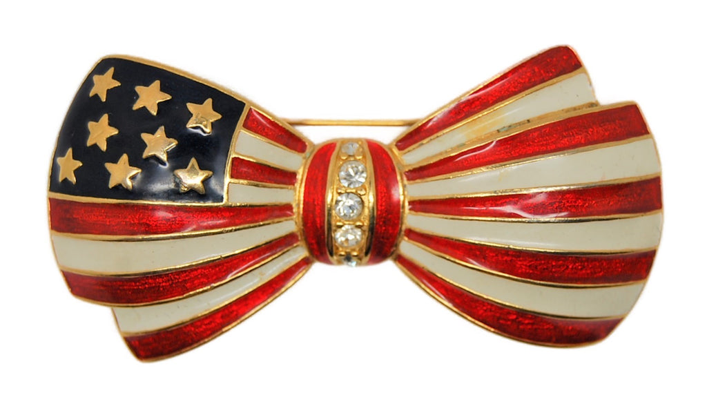 Joan Rivers American Flag Bow Tie Patriotic Enamel Vintage Costume Figural Pin Brooch
