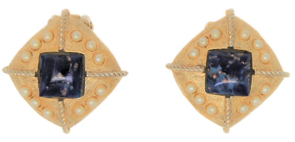 ART Pearl & Lapis Lazuli Vintage Earrings