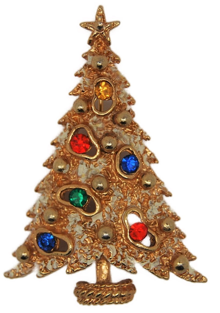 ART Holiday Flocked Tree Gold Tone Rhinestone Christmas Brooch - 1960s