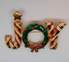 Joy Candy Cane Wreath Enamel Christmas Message Figural Pin Brooch - 1980s