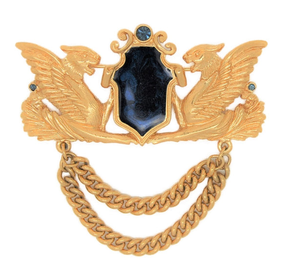 Trifari Double Griffin Dragon Shield Dangle Vintage Figural Brooch