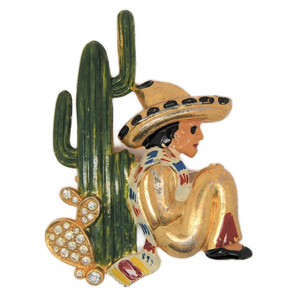 Bauman Massa Mexican Cactus Siesta Pot Metal Figural Pin Brooch - 1940s