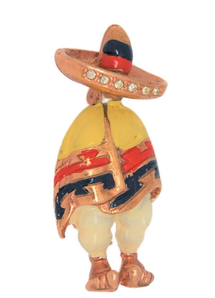 Boucher Mexican Barefoot Man Gold Plated Enamel Figural Pin Brooch Restrike