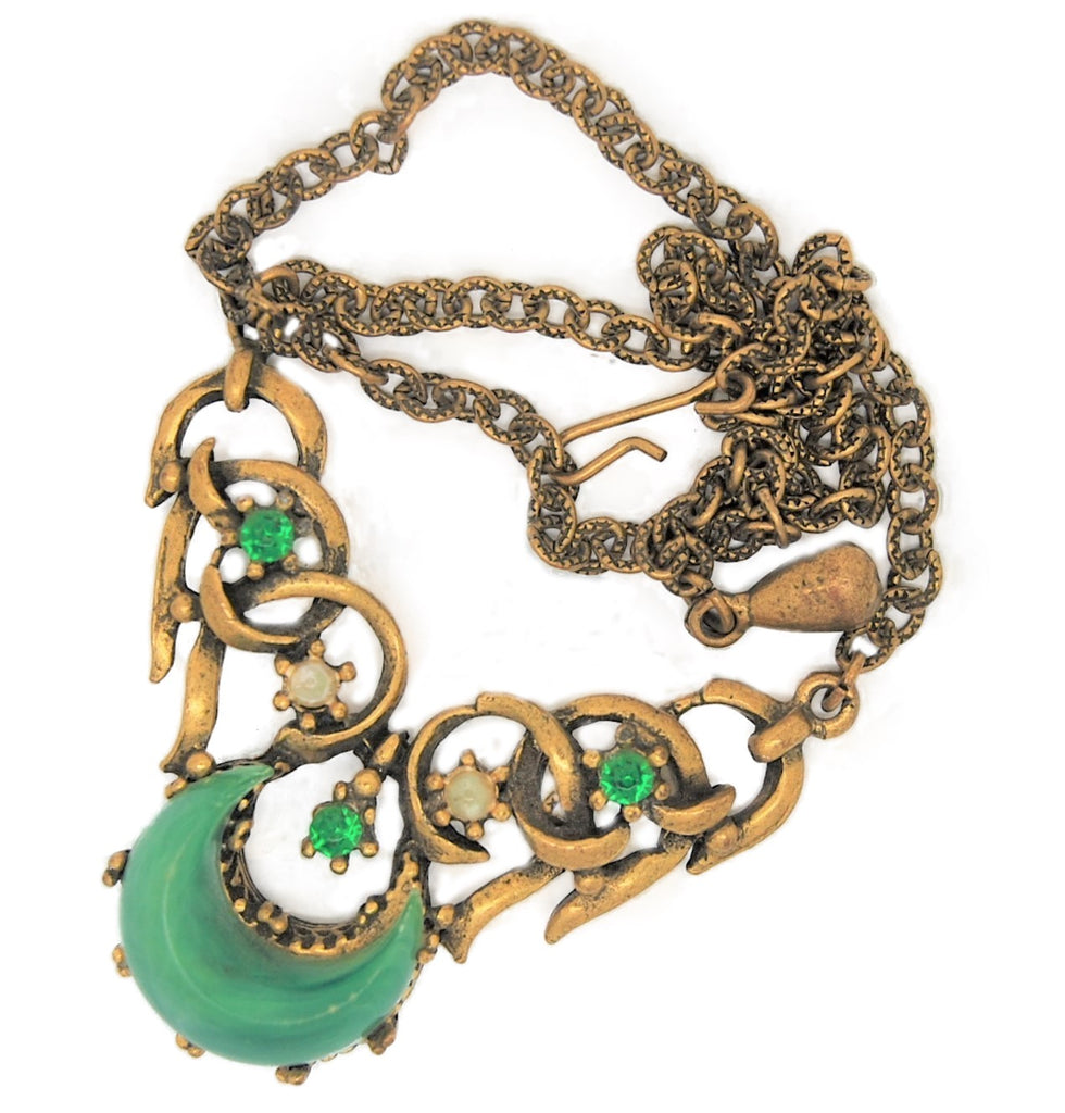 Art Deco Jade Crescent Moon & Pearls Gold Tone 1950s Necklace