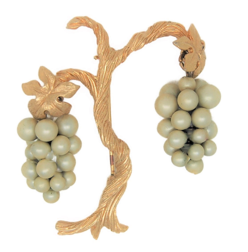Marvella Pearl Beads Grape Vine Dangle Vintage Figural Pin Brooch