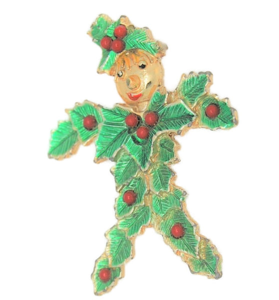 Beatrix BJ Holly Man Green Enamel Holly Berries Holiday Vintage Pin Brooch
