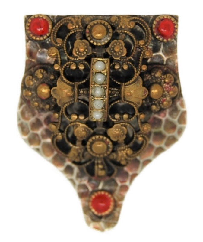 Arts & Crafts Hammered Copper Dimensional Filigree Antique Dress Clip Brooch