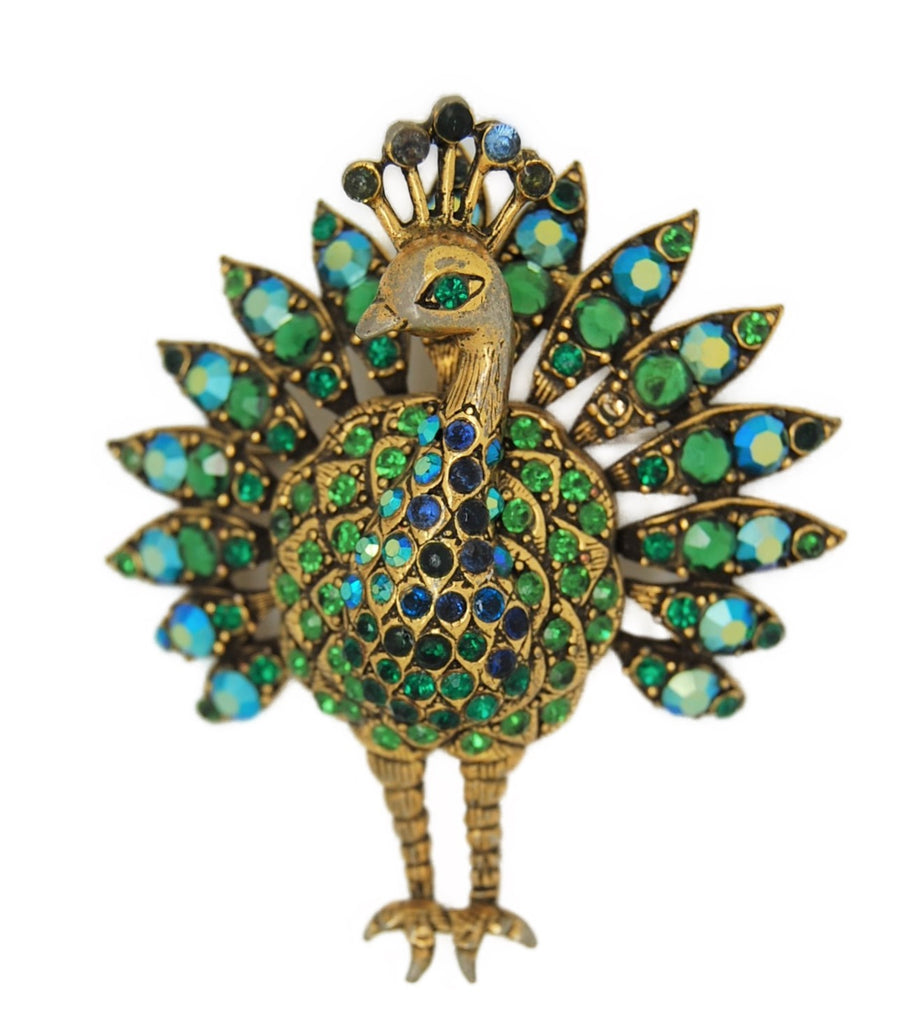 Vintage Peacock AB Rhinestones Vintage Costume Figural Pin Brooch
