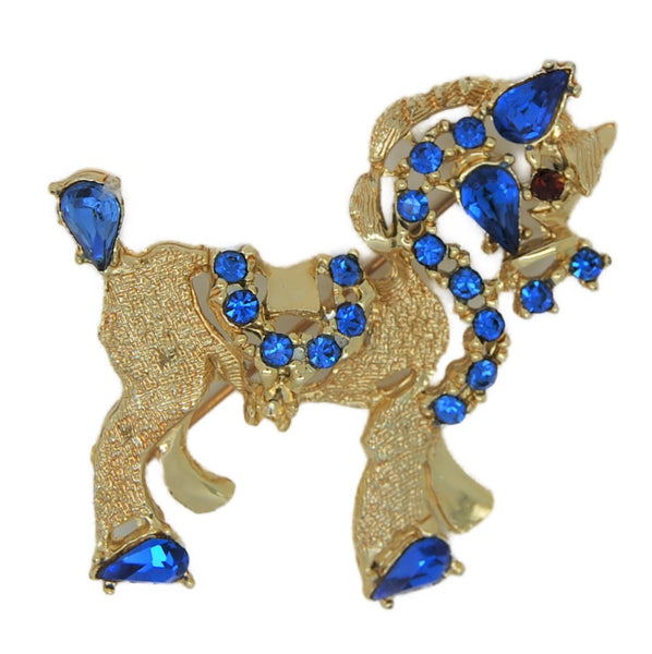 Dodds Gold Tone Sapphire Blue Rhinestone Horse Vintage Figural Brooch