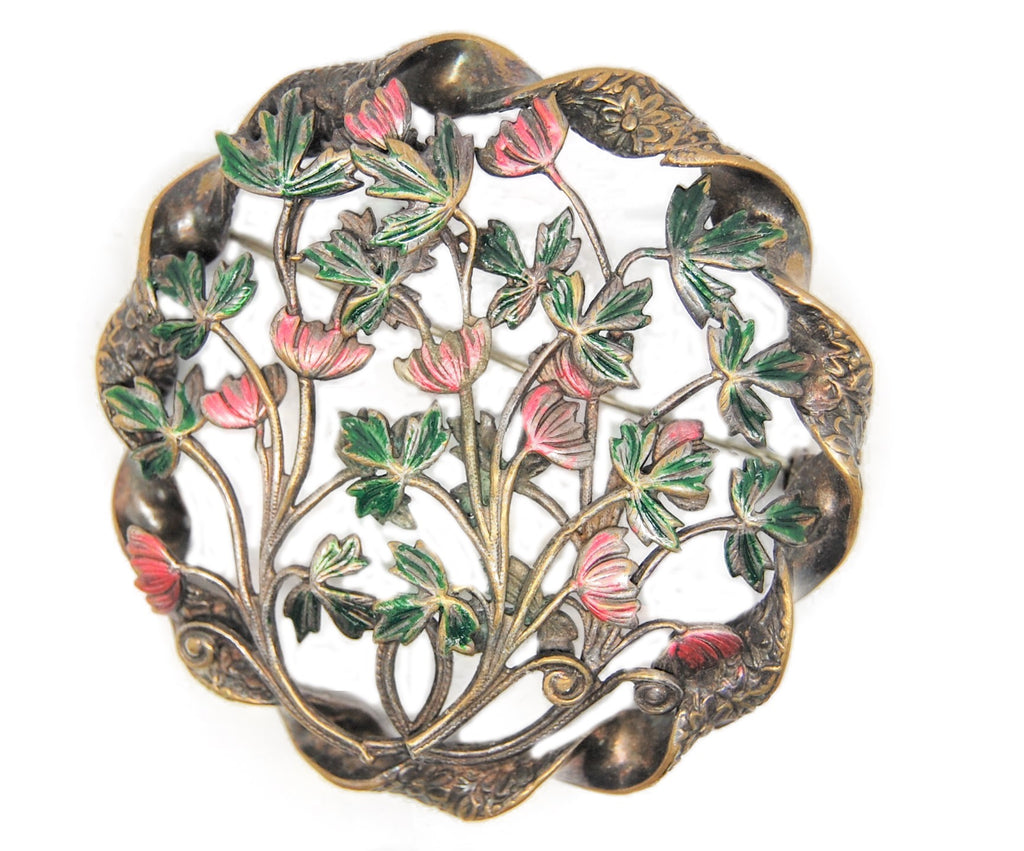 Art Deco Embossed Enamel Leaves Flowers Vintage Figural Brooch