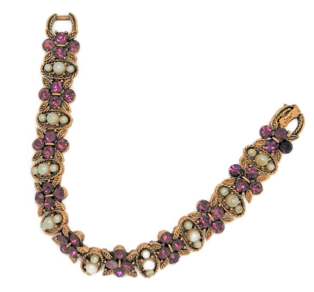 Coro Old Gold Amethyst Rhinestone & Pearl Links Vintage Bracelet