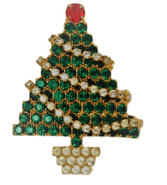 Christmas Tree Pave Rhinestone Garland Figural Pin Brooch - 1980s