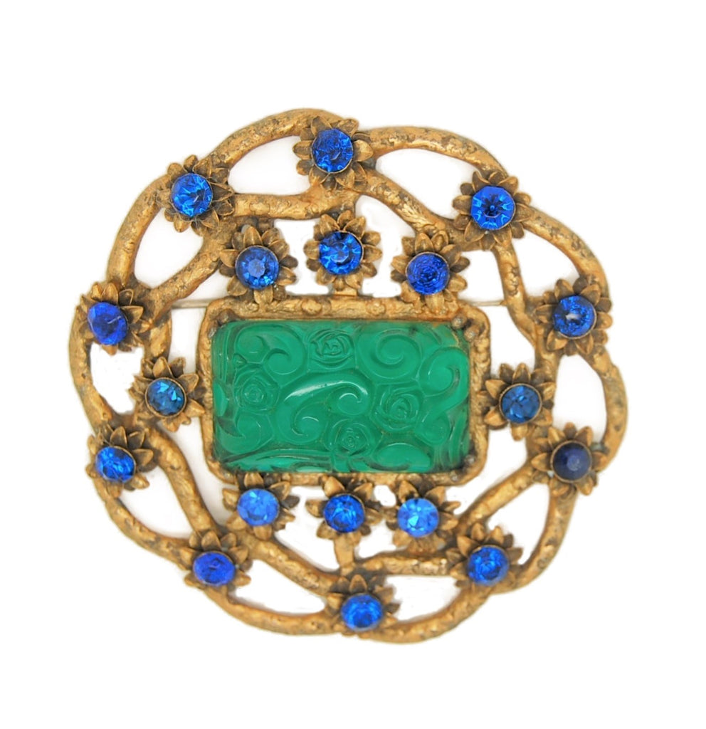 Art Deco Blue & Jade Green Translucent Floral Vintage Costume Figural Pin Brooch