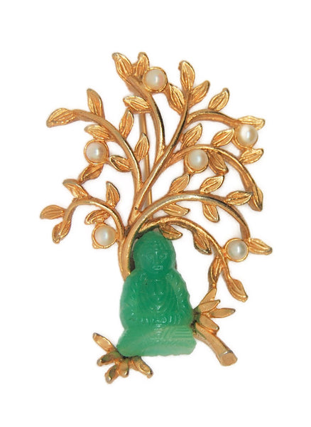 Mazer Jade Buddha Pearl Floral Vintage Figural Costume Brooch