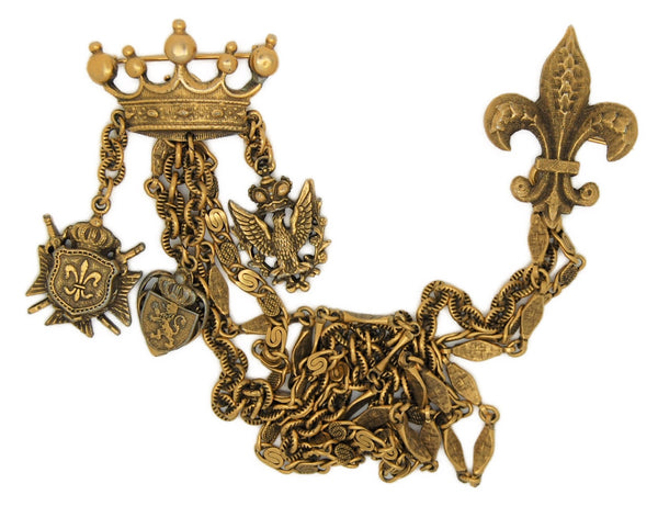 Corocraft Royal Fleur de Lis & Crown Charms Chatelaine Vintage Figural Brooch Set