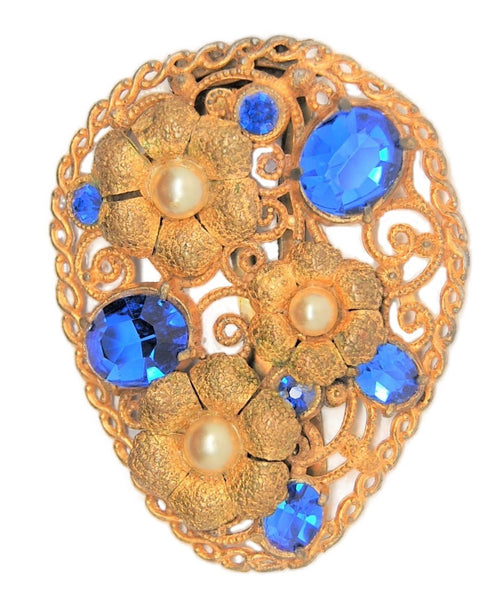 Art Deco Floral Dress Clip Sapphire Stones Vintage Figural Pin Brooch