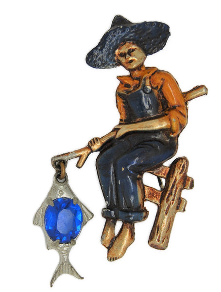 Bauman Massa Fishing Boy Dangle Fish Vintage Figural Pin Brooch