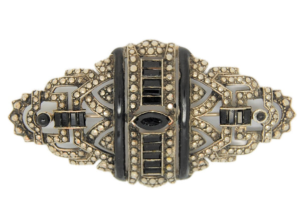 Weinberg NY Art Deco Black Stones Marcasite Mourning Vintage Brooch