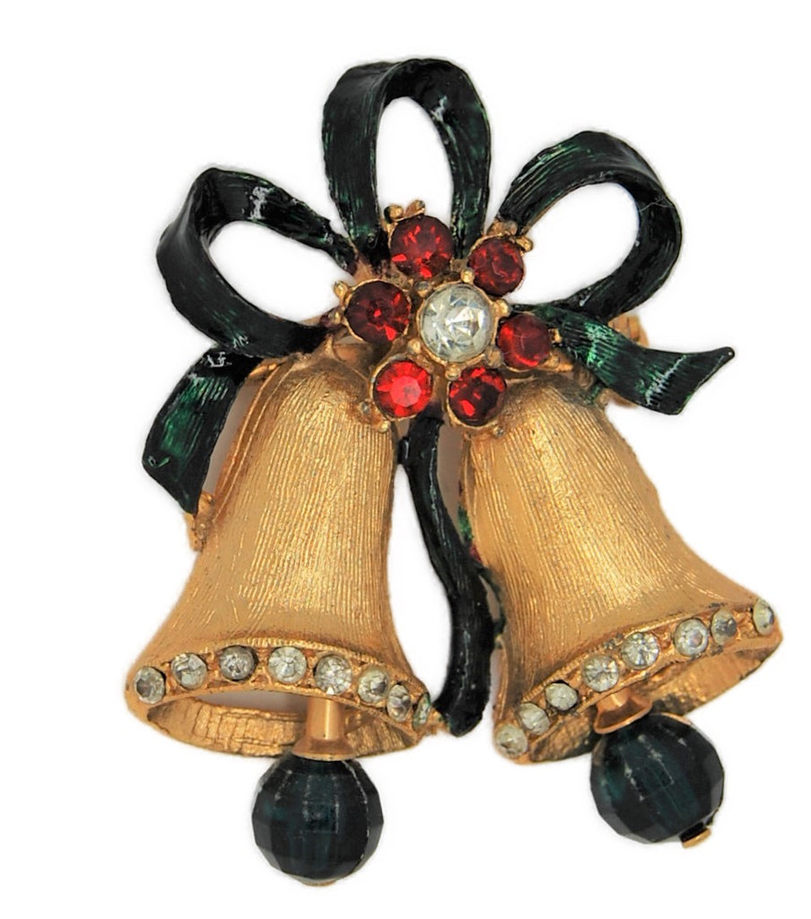 LJM Holiday Ribbon Bells Vintage Figural Costume Brooch