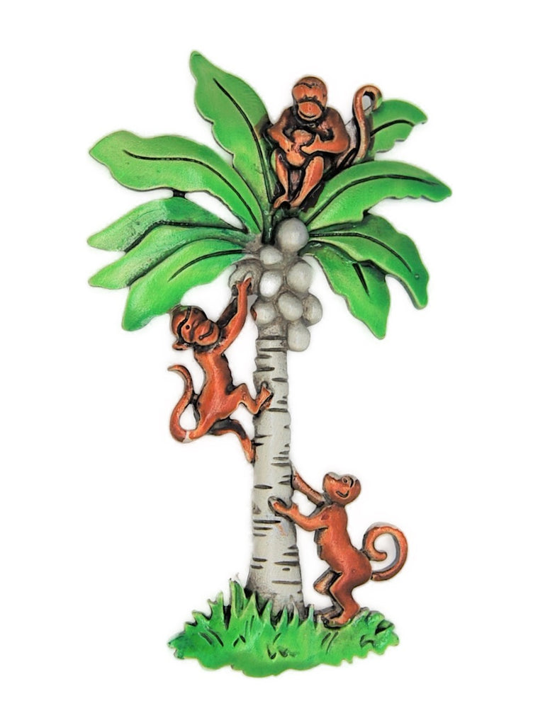 JJ Jonette Coconut Palm Tree Monkeys Vintage Figural Pin Brooch