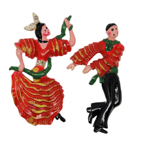 Coro Allies WW2 Flamenco Dancers Patriotic Vintage Figural Pin Brooch Set
