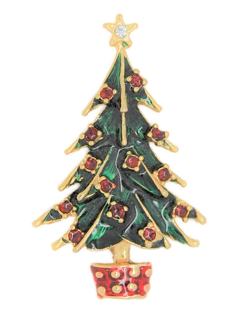 Christmas Green & Red Enameled Ruby Stones Tree Vintage Figural Brooch
