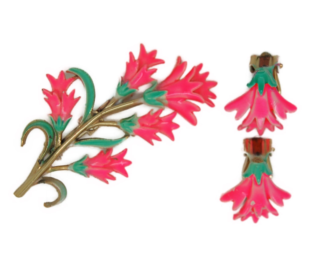 Christmas Cactus Bright Pink Floral Flower Spray Vintage Figural Brooch & Earring Set