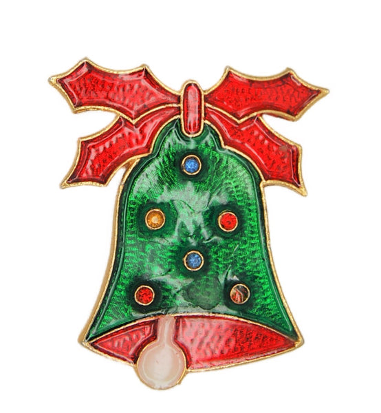ART Holiday Enamel & Rhinestone Bell Vintage Figural Brooch