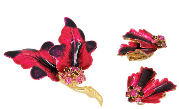 Weiss Deep Burgundy Enamel Floral Vintage Figural Brooch & Earring Set
