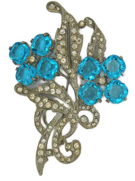 Baby Blue Glass Flower Petals Pot Metal 1940s Vintage Figural Pin Brooch