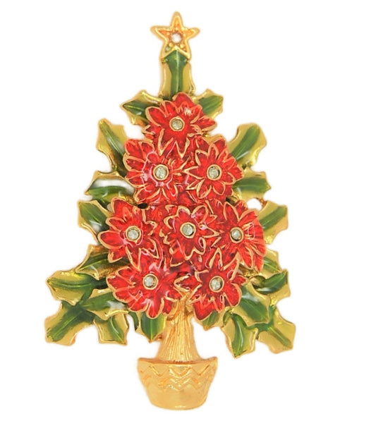 Radko Poinsettia Holly Christmas Tree Vintage Figural Costume Brooch