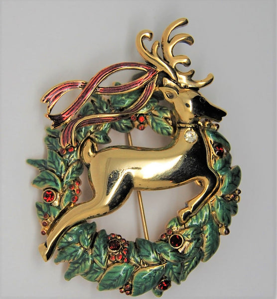 Monet Reindeer Holly Vintage Figural Wreath Christmas Brooch - 1990s