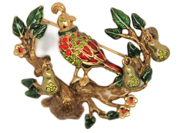 St John Partridge Pear Tree Christmas Holiday Figural Brooch - Rare & Mint