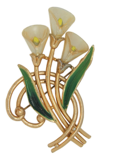 Coro Triple Calla Lily Floral Spray Vintage Figural Pin Brooch