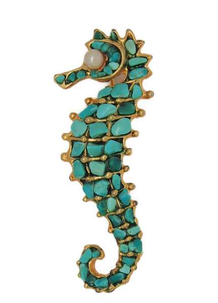 Swoboda Turquoise Chip Pearl Eyed Seahorse Vintage Figural Pin Brooch