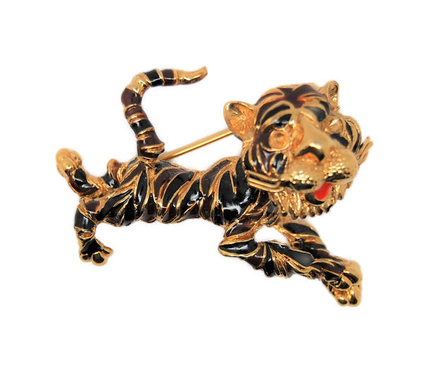 D'Orlan Happy Striped Tiger Cat Vintage Figural Pin Brooch