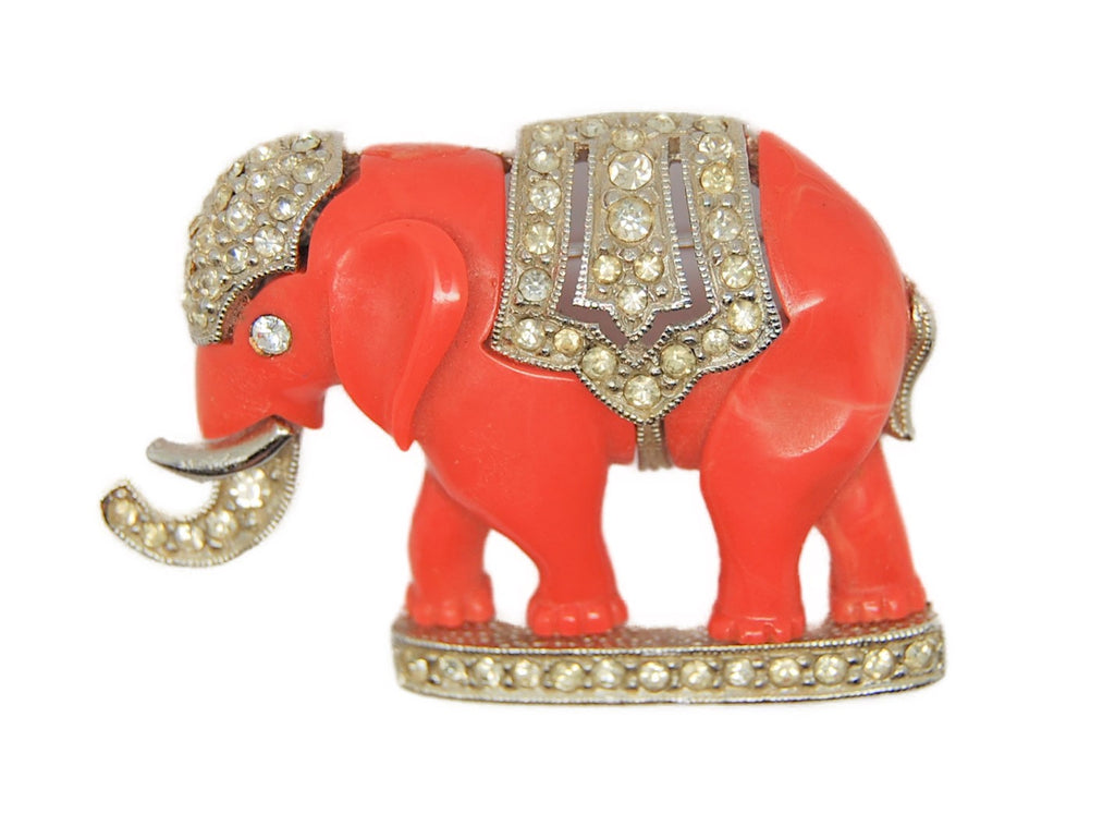 Carnegie Celluloid Orange Trunk Up Lucky Elephant Vintage Figural Pin Brooch