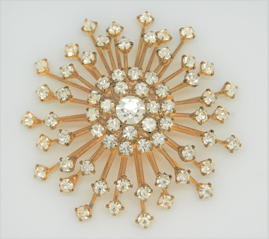 Starburst Snowflake Pin Wheel Icy Rhinestones Vintage Figural Pin Brooch