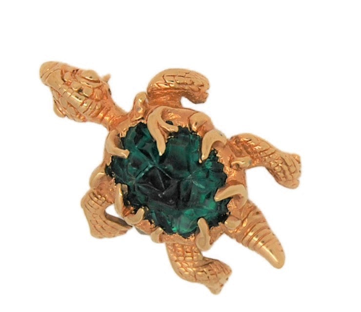 Boucher Carved Green Glass Turtle Vintage Figural Pin Brooch