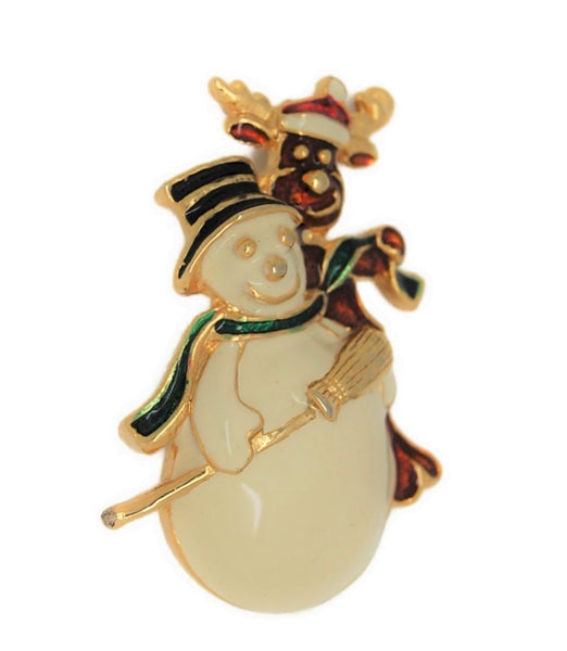 SFJ Christmas Holiday Snowman & Reindeer Vintage Figural Brooch