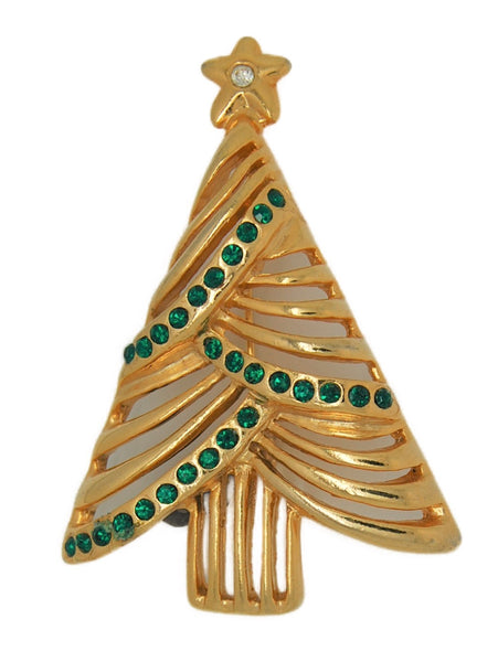 Classic Christmas Tree Gold Tone Emerald Stones Vintage Figural Brooch