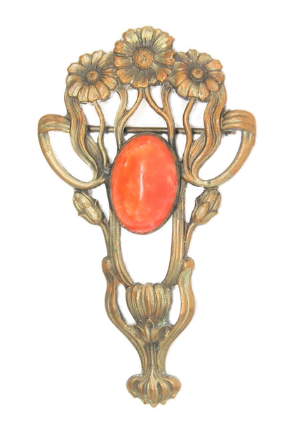 Arts & Crafts Floral Urn Faux Coral Vintage Antique Figural Pin Brooch