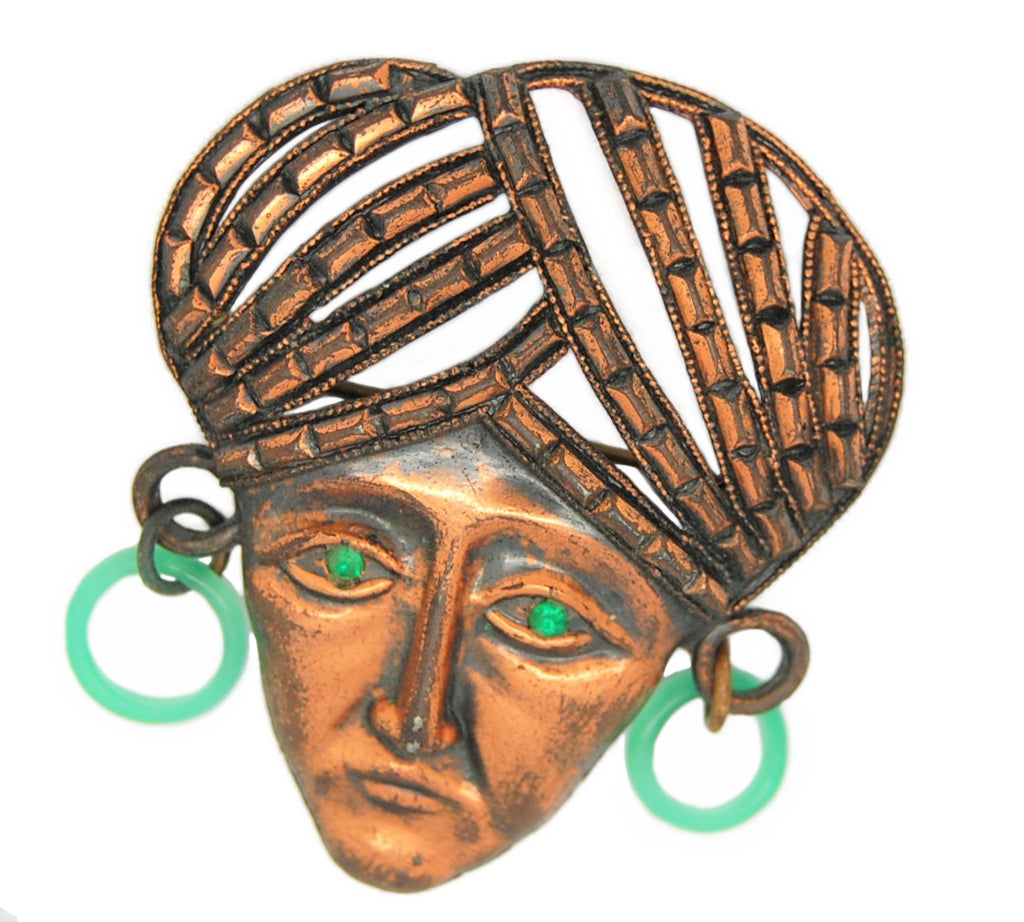 Deja Indian Mask Loop Jade Earrings Vintage Figural Pin Brooch