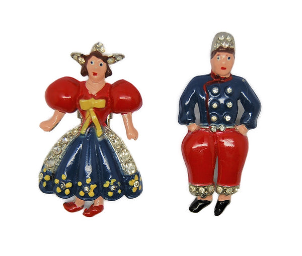 Coro World War 2 Allies Patriotic Dutch Couple Vintage Enamel Figural Fur Clip Brooches