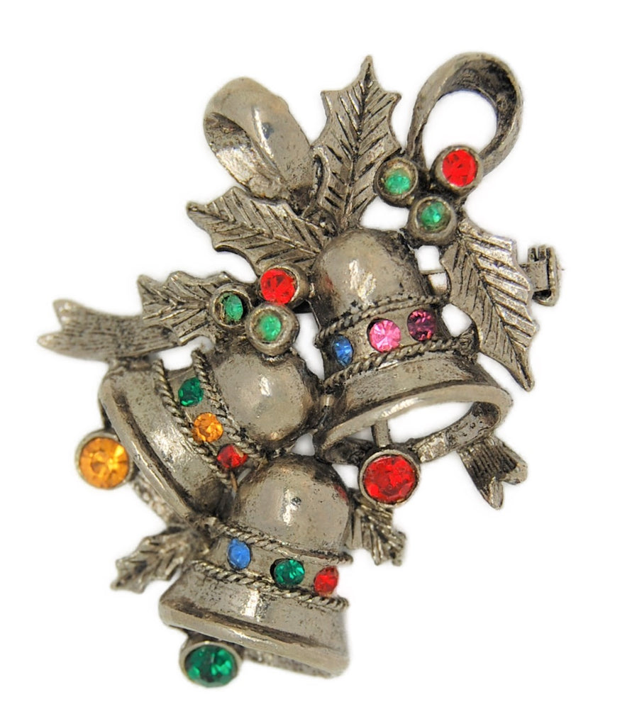 BJ Beatrix Triple Silver Bells Rhinestone Vintage Figural Pin Brooch