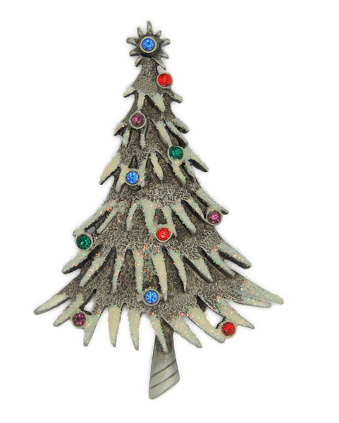 JJ Jonette Snow Flocked Spikey Tree Vintage Figural Brooch